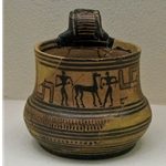 Attic Geometric Oinochoe Depicting Warriors Taming a Horse
