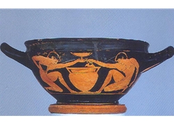 Two Naked Servants by a Column Krater