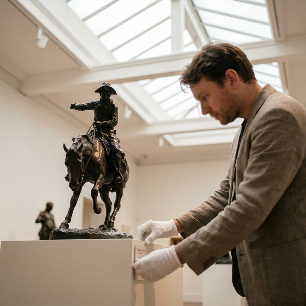 Bronze sculpture replica displayed in a museum while a curator inspects the artwork.