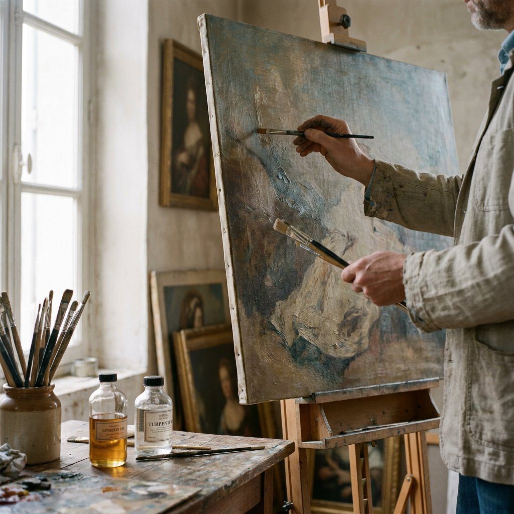 Hand-painted oil on canvas reproduction being created by an artist using traditional painting techniques.