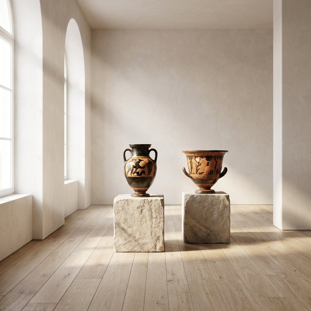 Two handcrafted Greek amphora replicas displayed on museum pedestals in an elegant gallery setting.