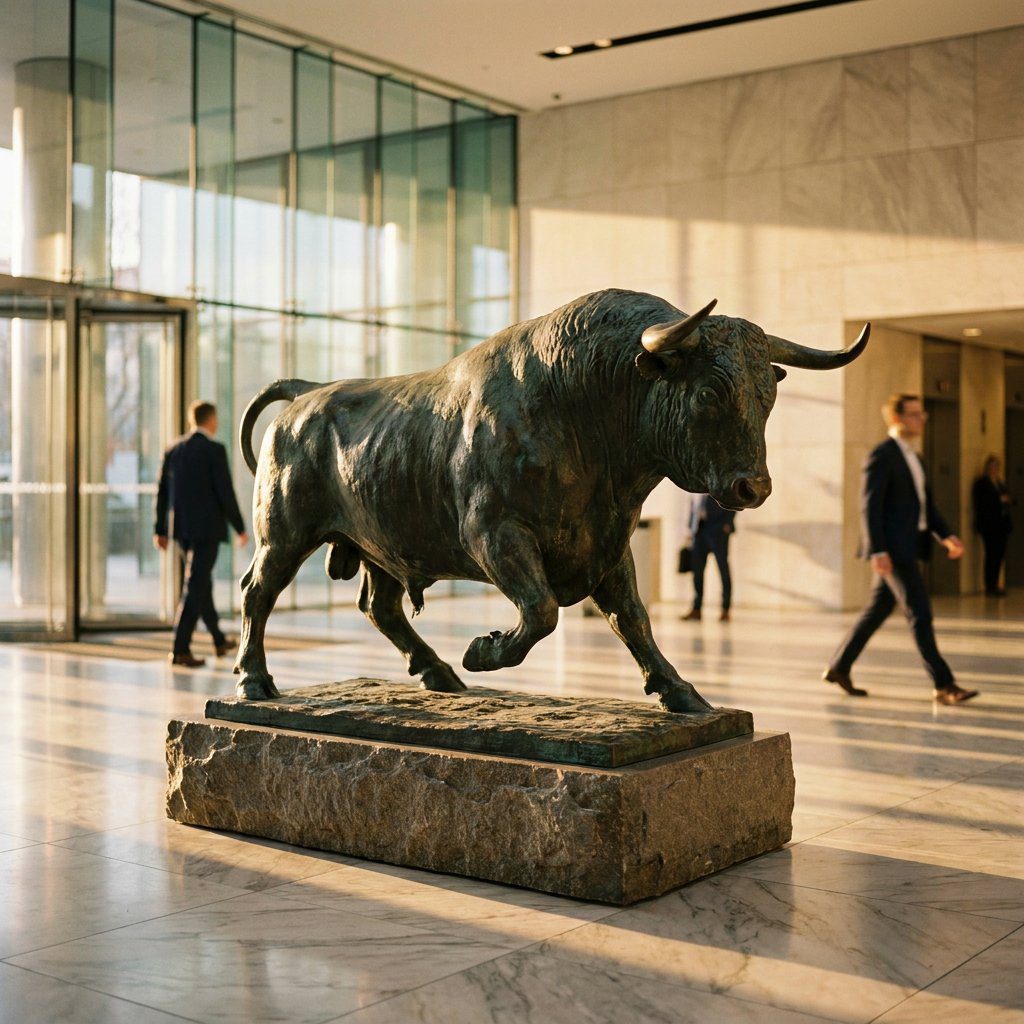 Charging Bull bronze sculpture replica displayed in a museum-inspired gallery.