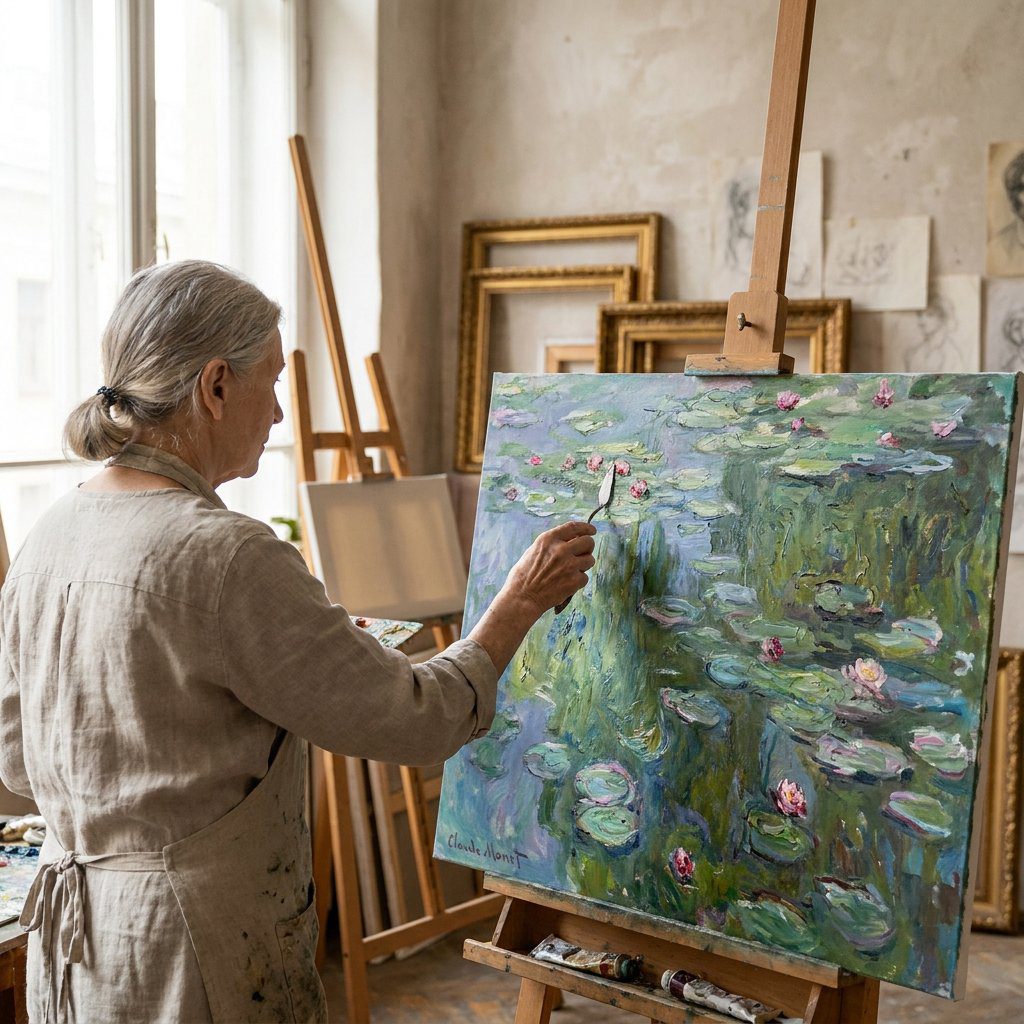 Artist hand-painting an oil on canvas reproduction of a landscape with water and lush greenery in a traditional art studio.
