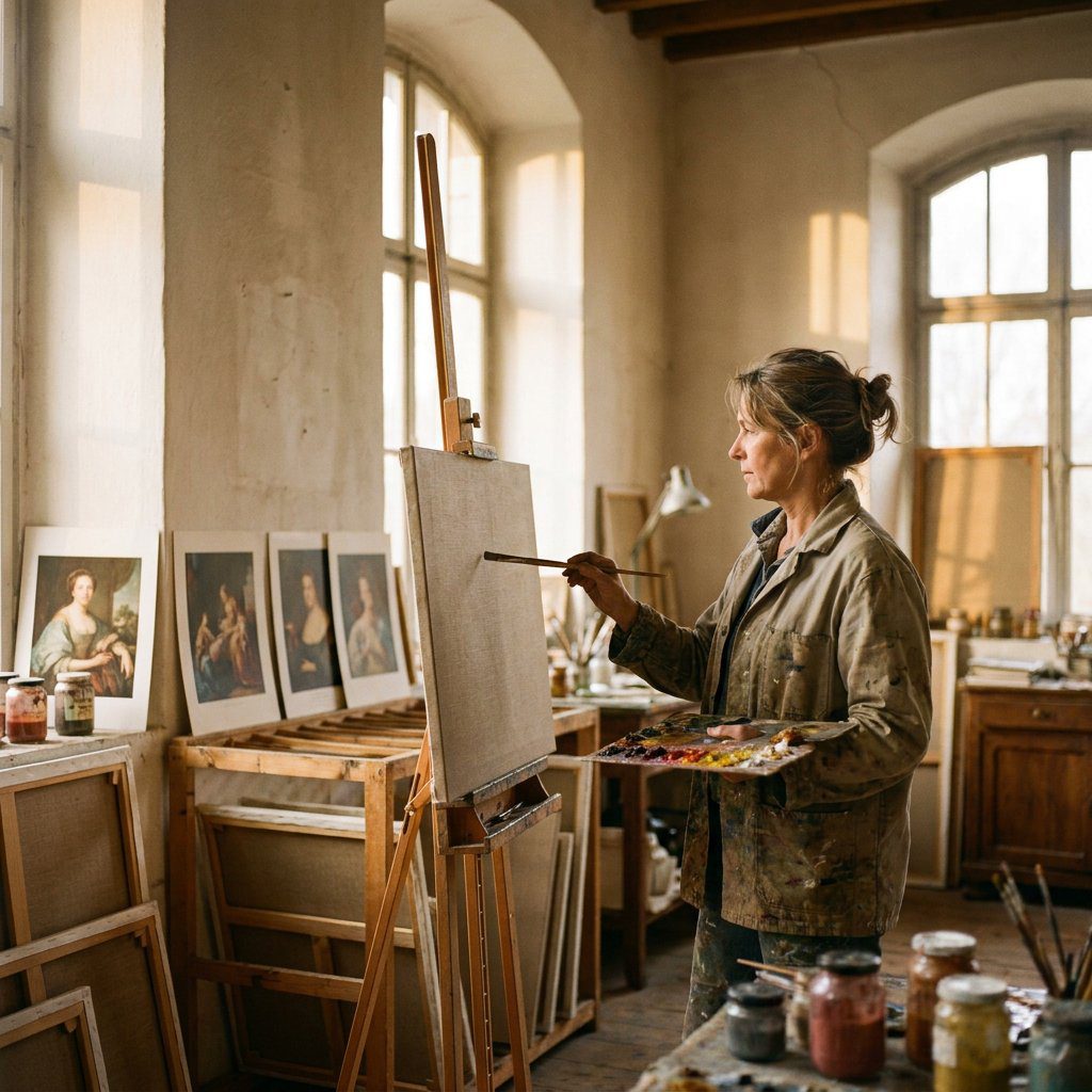 Young artist working on a blank canvas for an oil on canvas reproduction in a studio surrounded by framed portrait paintings.