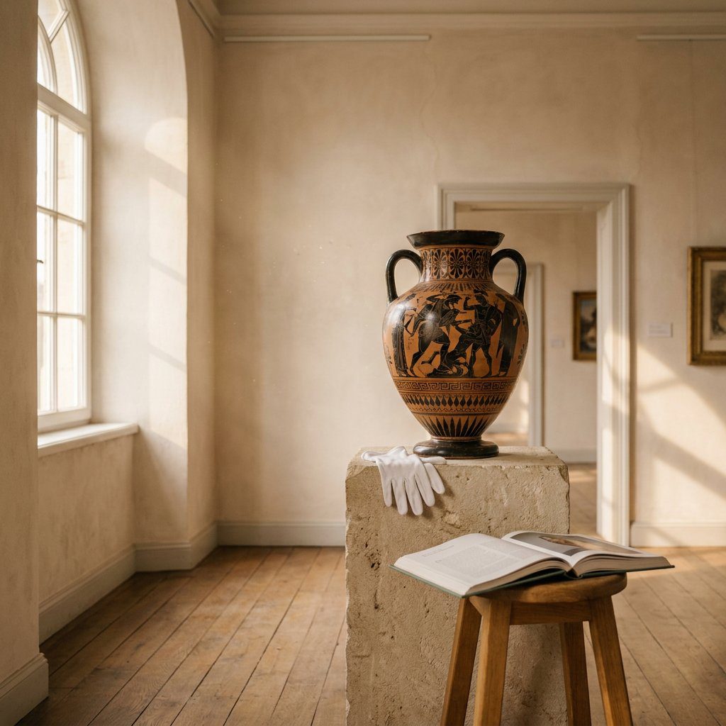 Handcrafted Greek amphora replica displayed on a stone pedestal in a museum-inspired interior.
