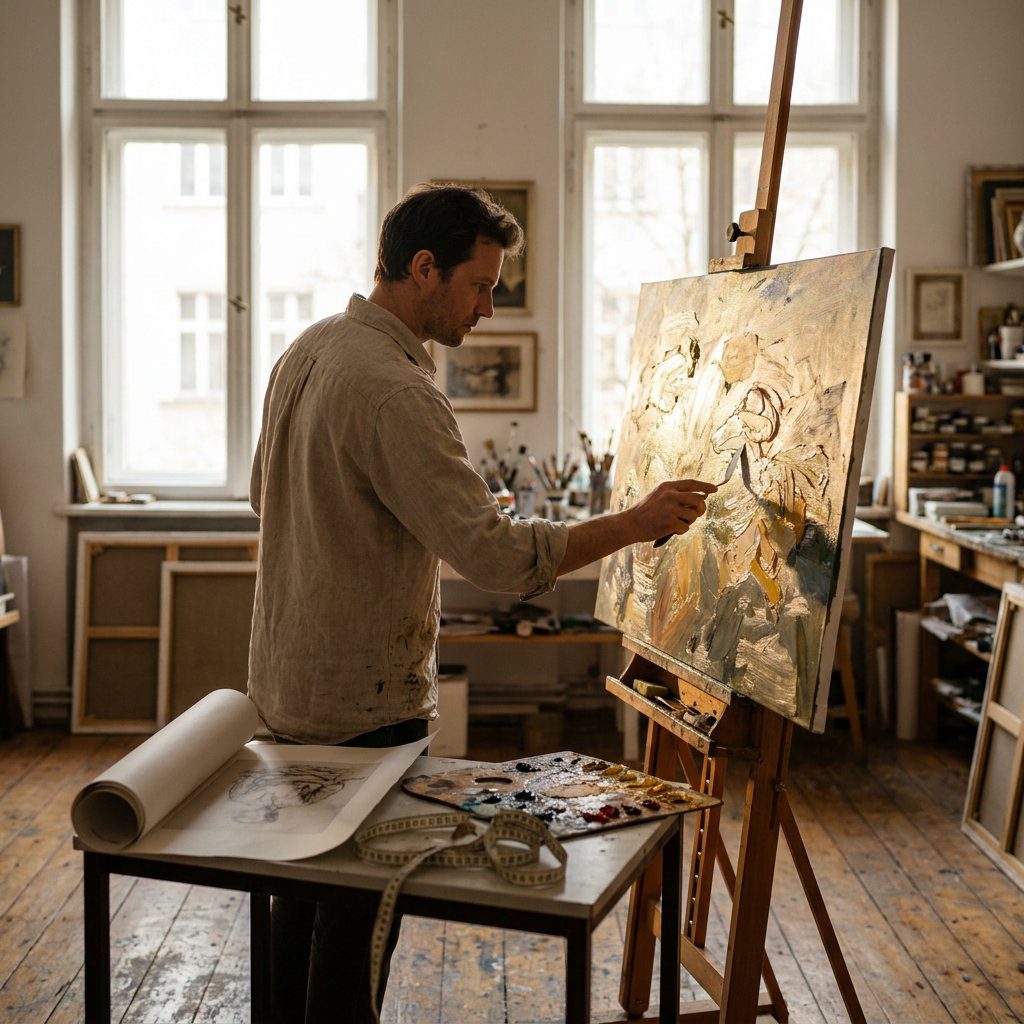 Artist creating a hand-painted oil on canvas reproduction in a studio